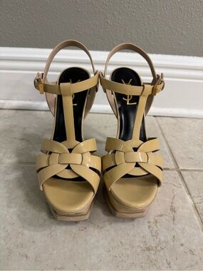 YSL Tribute Nude Patent Leather Knot T-Strap Platform Sandals